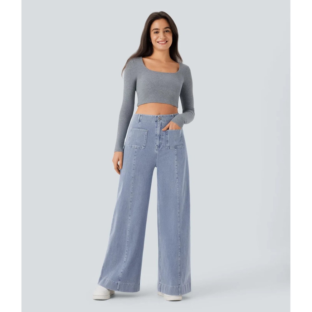 Halara Flex High Waisted Patch Pockets Washed Casual Wide Leg Jeans Med Regular